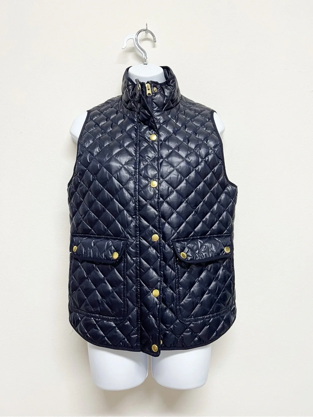 J Crew Womens Classic Navy Diamond Quilted Gold Button Up Puffer Vest Size S